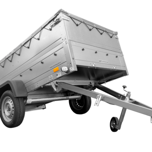 GRANDE REMORQUE 230X125 AVEC BÂCHE PLATE GRISE, REHAUSSES DE RIDELLES ET ROUE JOCKEY – GARDEN TRAILER 230 KIPP